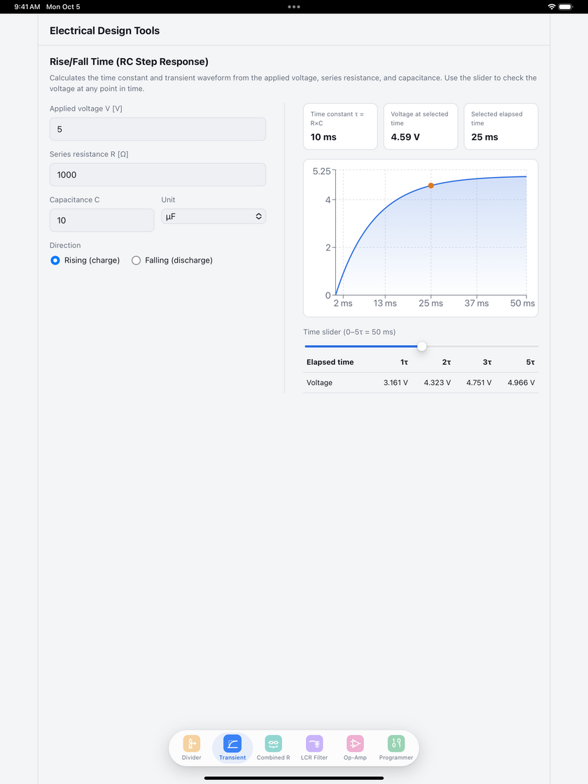 RC transient response screen on iPad with input fields, a charging curve and a time slider side by side