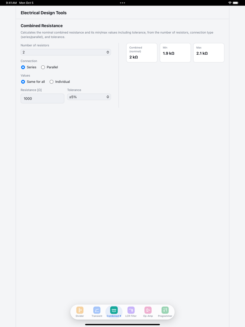 Combined resistance screen on iPad with input fields and the nominal, minimum and maximum values side by side