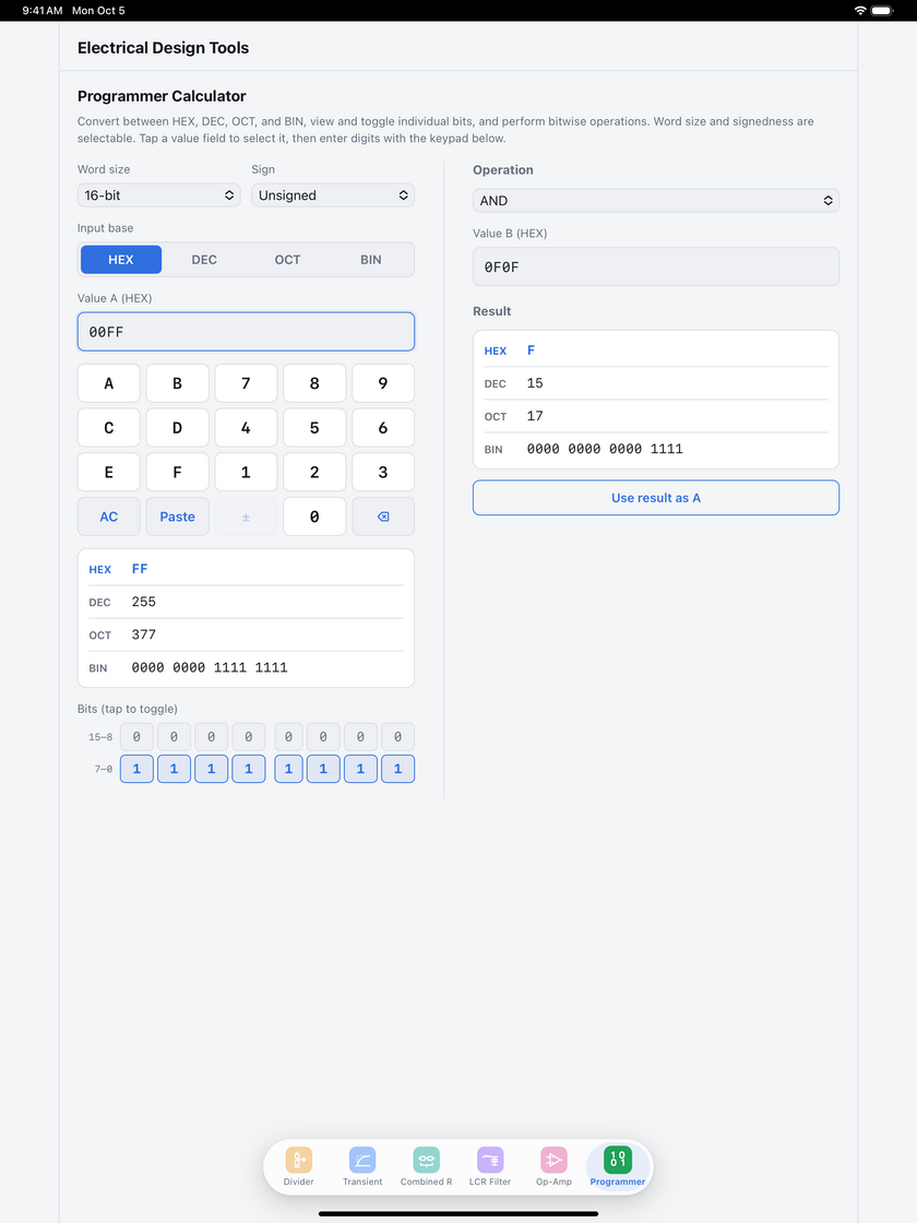 Programmer calculator screen on iPad showing HEX, DEC, OCT and BIN conversions, the bit view and bitwise operation inputs