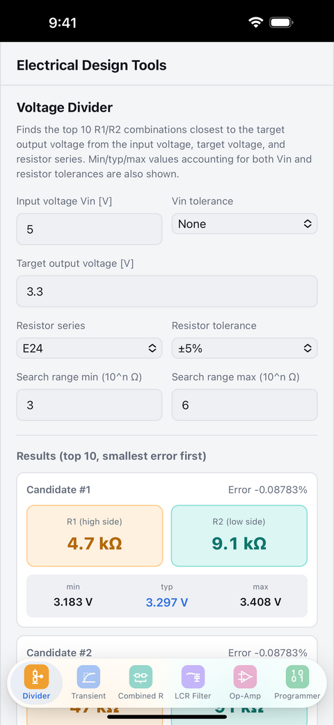 Voltage divider screen showing resistor candidates and errors from the input and target voltages