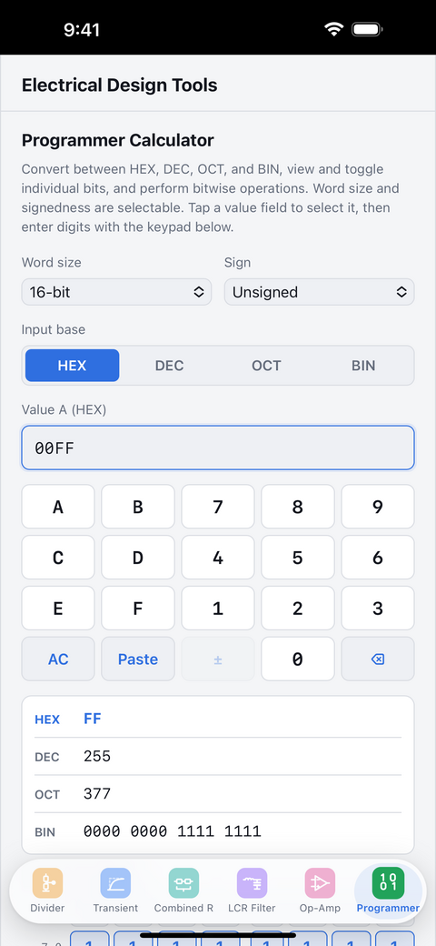 Programmer calculator screen showing a value entered in HEX, its HEX, DEC, OCT and BIN conversions, and the input keys