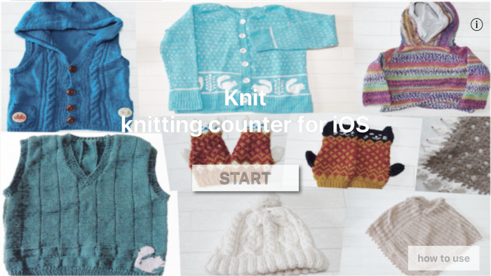 Start screen with photos of knitted works and a start button