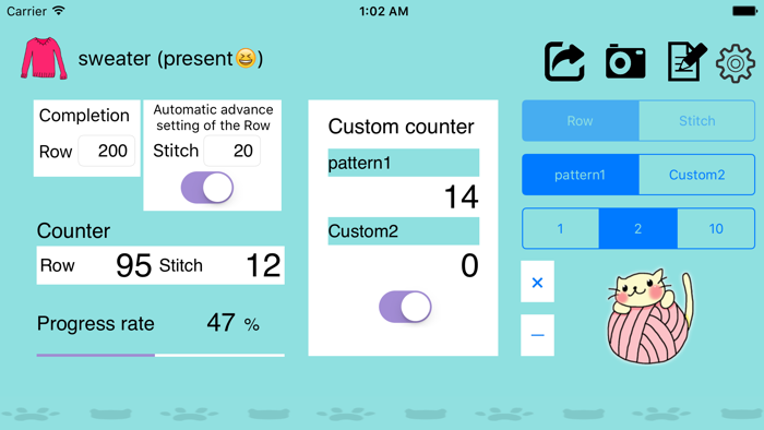 Counter screen with rows, stitches, completion, auto row increase and custom counters