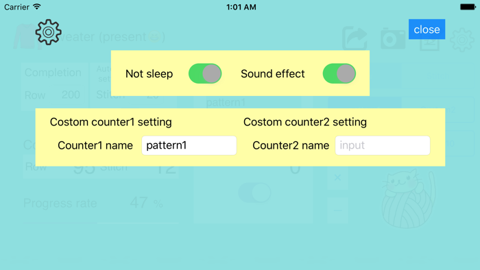 Settings screen for sleep, sound effect and custom counter names