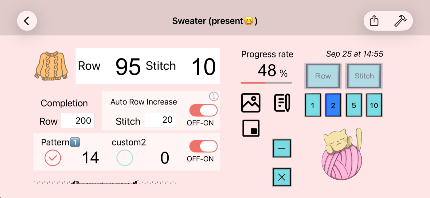 Counter screen showing rows, stitches, progress and custom counters