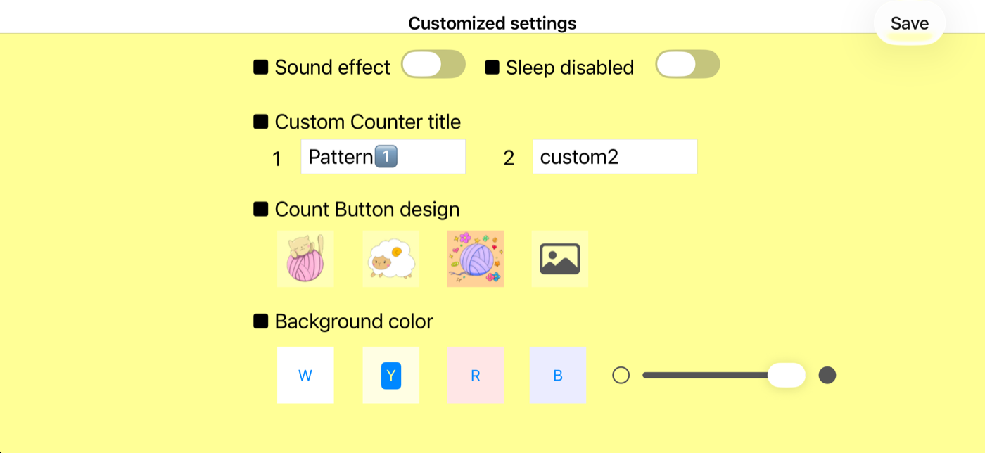 Settings screen with count button designs and a background color slider