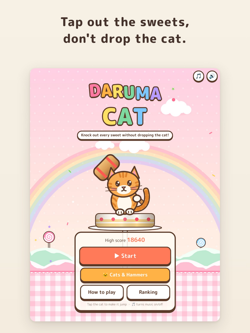 Title screen with a cat and a hammer on a cake, and buttons to start, view cats and hammers, read how to play and see the ranking