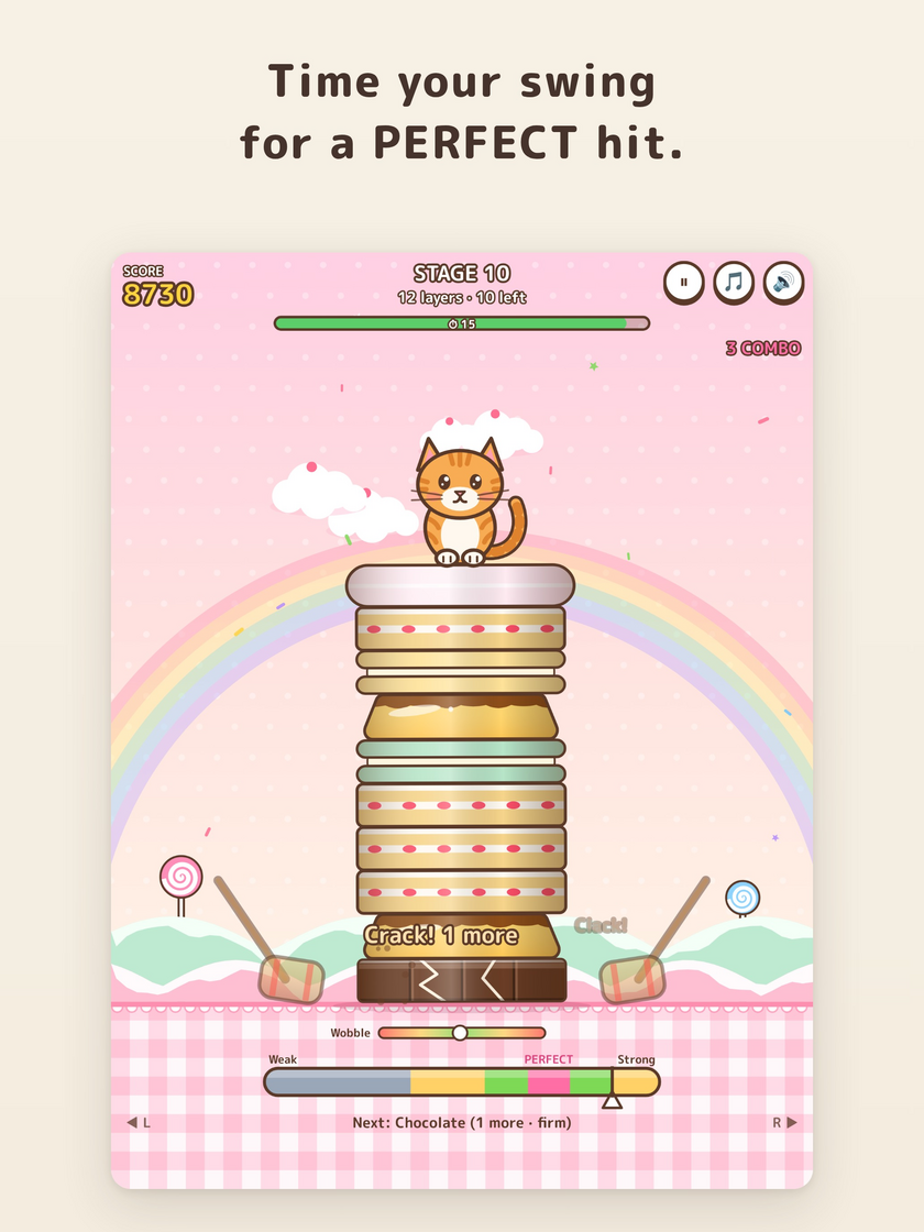 Gameplay: a cat on a stack of sweets, with PERFECT and a 3-combo shown