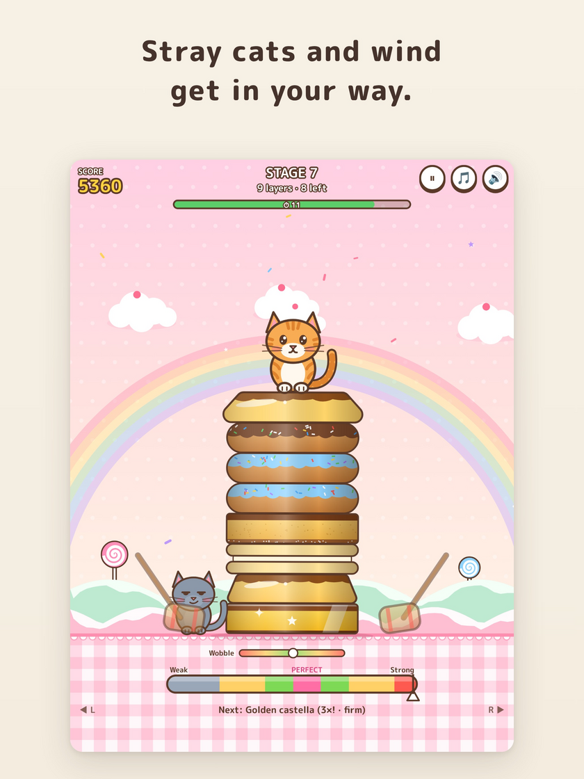 Gameplay: a black stray cat bursts in beside the stack of sweets