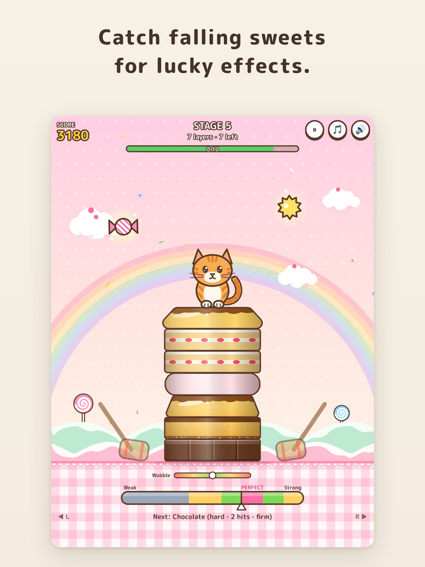 Gameplay: a candy falls from the sky above the cat