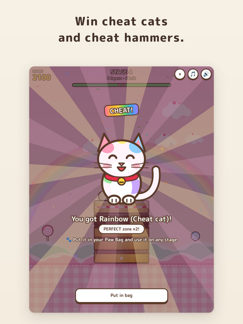 Reward screen after a mini-game, receiving the rainbow cheat cat