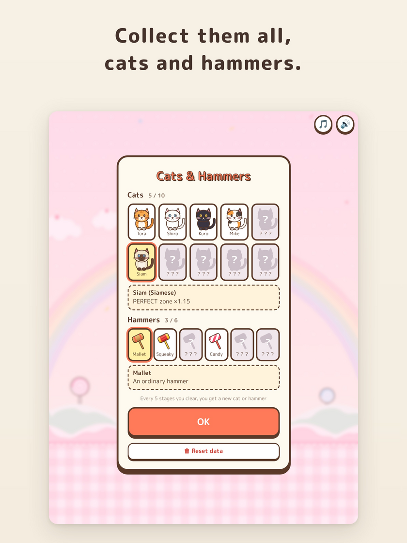 Collection screen showing the cats and hammers collected so far