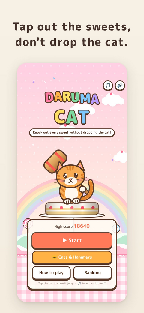 Title screen with a cat and a hammer on a cake, and buttons to start, view cats and hammers, read how to play and see the ranking