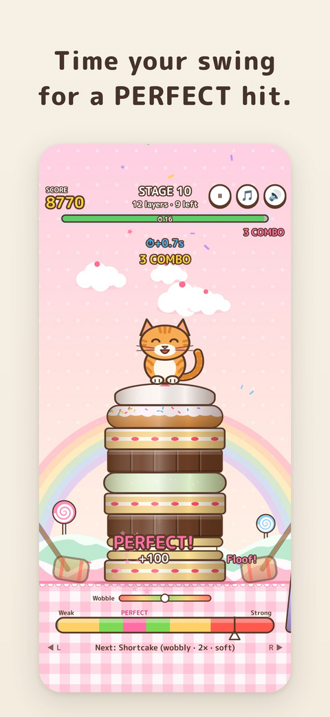 Gameplay: a cat on a stack of sweets, with PERFECT and a 3-combo shown
