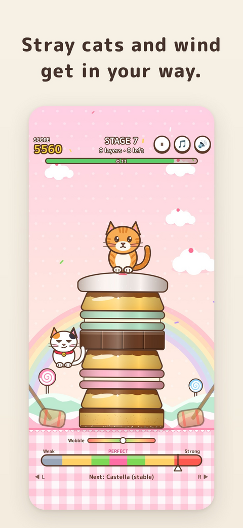 Gameplay: a black stray cat bursts in beside the stack of sweets