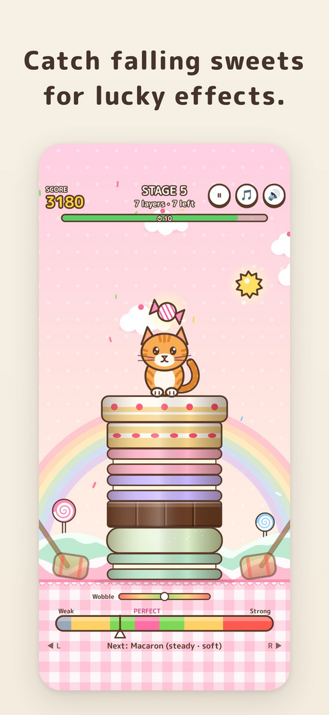 Gameplay: a candy falls from the sky above the cat