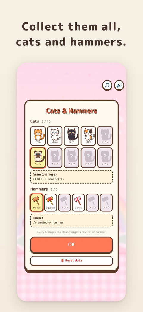 Collection screen showing the cats and hammers collected so far