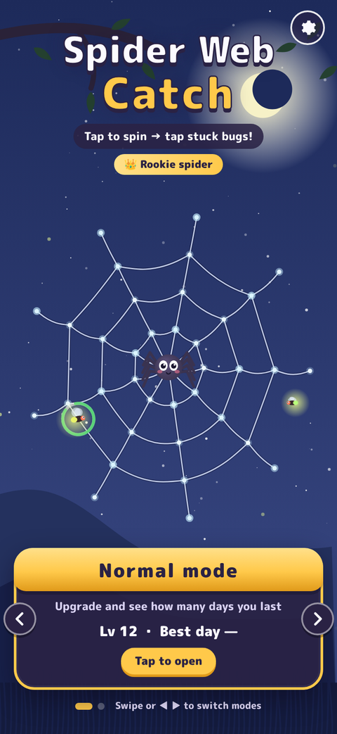 Title screen with a spider on its web under the night sky and the Normal mode card below