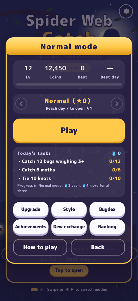 Normal mode menu with level, coins, difficulty, today's tasks and buttons for upgrades, style and the Bugdex