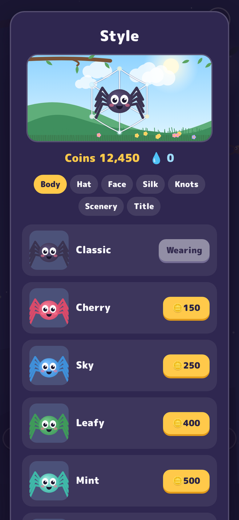 Style screen with a list of spider colours and a preview